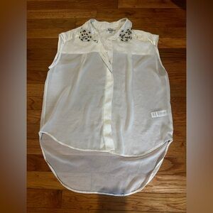 Buffalo David Button Sheer Sleeveless Top Ornate Beaded Embellished Collar‎ Med